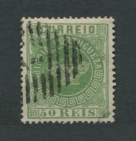 1877 - Afinsa nº 53c. Tipo Coroa. Selo de 50 reis usado. VERDE AMARELO. Denteado 13 1/2. Em boas condições.