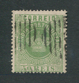 1877 - Afinsa nº 53c. Tipo Coroa. Selo de 50 reis usado. VERDE AMARELO. Denteado 13 1/2. Em boas condições.