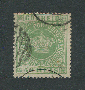 1877 - Afinsa nº 53c. Tipo Coroa. Selo de 50 reis usado. VERDE AMARELO. Denteado 13 1/2. Em boas condições.