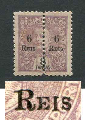 1911 - Afinsa nº 237c. D. Carlos I com sobretaxa e perfurado a meio. Selo de 6r/8T novo sem goma como emitido. ''I'' DE ''REIS'' MAIOR. Em boas condições.