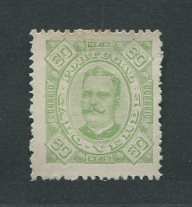 1893 - Afinsa nº 32a. D. Carlos I. Selo de 80 reis novo sem goma como usual. Denteado 13 1/2, papel pontinhado. Em boas condições.