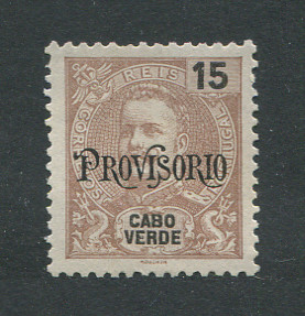 1902 - Afinsa nº 73. D. Carlos I com sobrecarga PROVISORIO. Selo de 15r novo sem goma. Em boas condições.