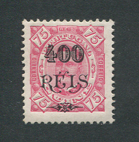 1902 - Afinsa nº 81. D. Carlos I com sobretaxa. Selo de 400r/75r novo COM CHARNEIRA (*) e goma original. Em boas condições.