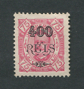 1902 - Afinsa nº 81. D. Carlos I com sobretaxa. Selo de 400r/75r novo sem goma. Em boas condições.