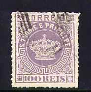 1870 - Afinsa nº 7. Tipo Coroa. Selo de 100 reis. FALSO SPIRO. Usado com carimbo falso. Em boas condições.
