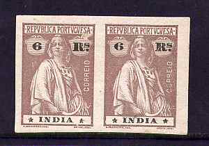 1913 - Afinsa nº 261. Ceres. PROVAS NÃO DENTEADAS EM PAR de 6 reis. Com goma original. Ligeira e pequena transparência no selo do lado esquerdo mas em boas condições.
