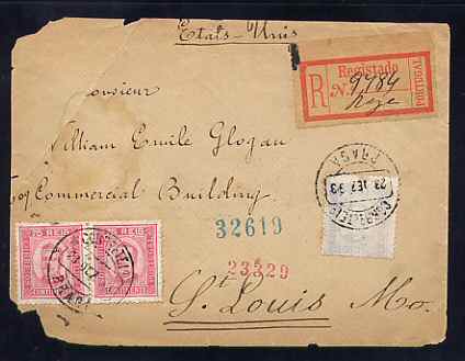 1893 - Carta registada de Braga para os EUA. Selos D. Carlos I de 75r (PAR, 12 1/2) e 50r (11 1/2). Afinsa n. 72 e 71.