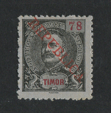 1913 - Afinsa nº 161. D. Carlos I com sobrecarga local REPUBLICA. Selo de 78a novo sem goma como emitido. Em boas condições.