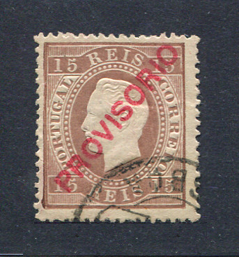 1892 - Afinsa nº 84F. D. Luis I com sobrecarga PROVISÓRIO. Selo de 15 reis usado. Papel liso, denteado 13 1/2. Em boas condições.