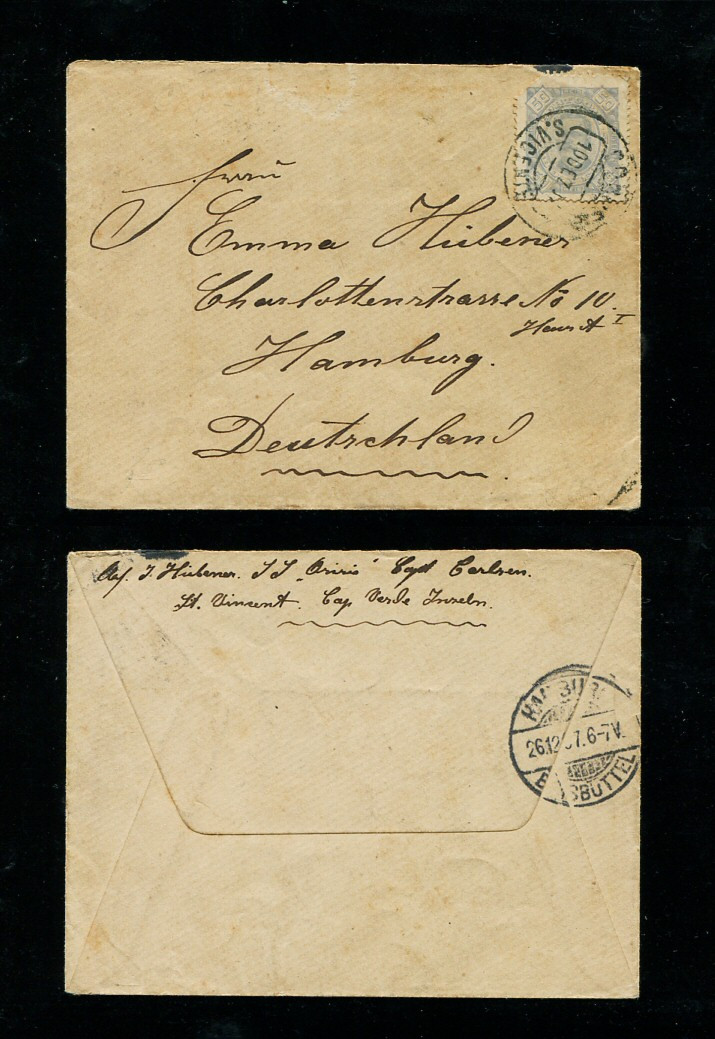 1897 - Carta de Cabo Verde (São Vicente) para a Alemanha (Hamburgo). Selo de 50 reis. Carimbo de chegada no verso. O selo apresenta um canto curto.