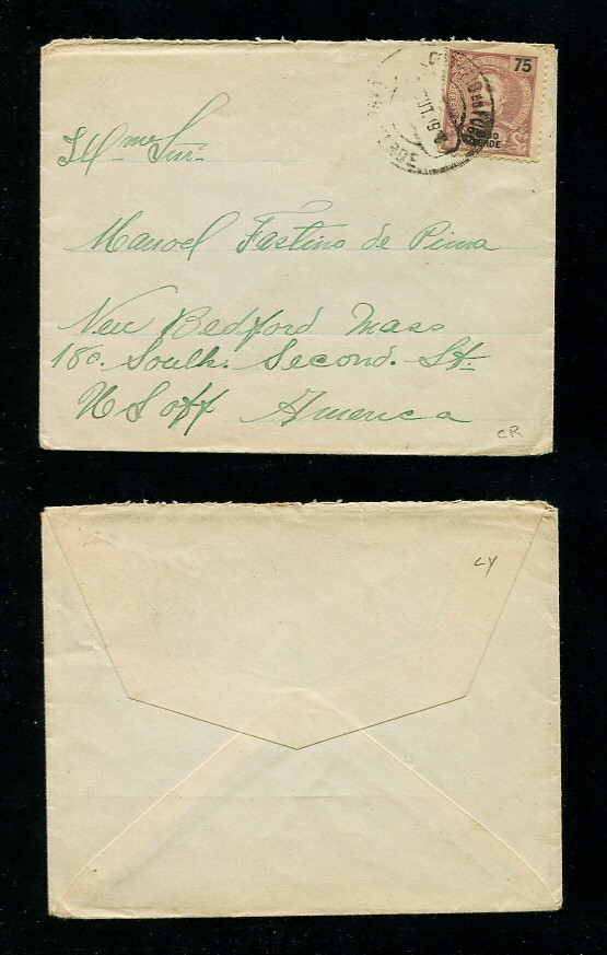 1908 - Carta de Cabo Verde para os EUA. Selo de 75r. Em boas condições.