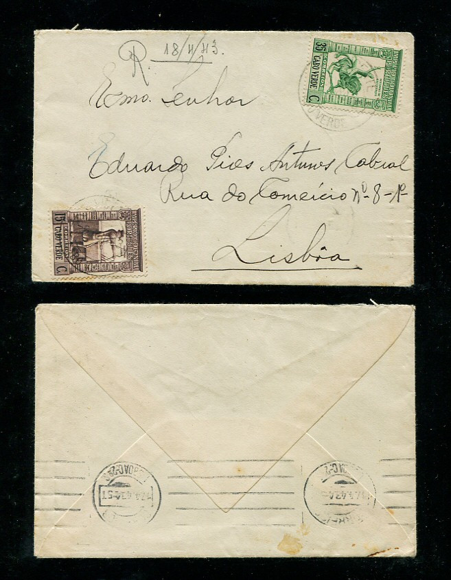 1943 - Carta Registada de Cabo Verde para Portugal. Selos de 15c e 35c. Carimbo de chegada no verso. Em boas condições.