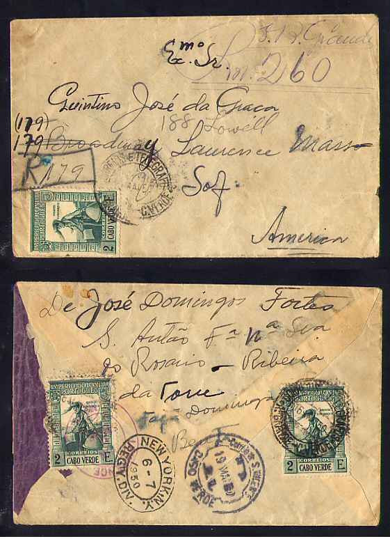1950 - Carta registada de Cabo Verde (Ribeira Grande) para os EUA. Selos de 2E (3). Carimbo de chegada no verso.