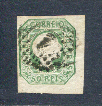1855/56 - Afinsa nº 8. D. Pedro V, cabelos lisos. Selo de 50 reis usado. Boas margens. Em boas condições. EXEMPLAR NORMAL.