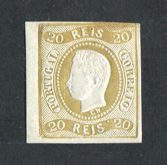 1866/7 - Afinsa nº 21 (novo). D. Luís I, fita curva. Selo de 20 reis NOVO COM CHARNEIRA (*)  e goma original. Margens aceitáveis, mas com vinco e cunho estalado. EXEMPLAR DE 2ª ESCOLHA.