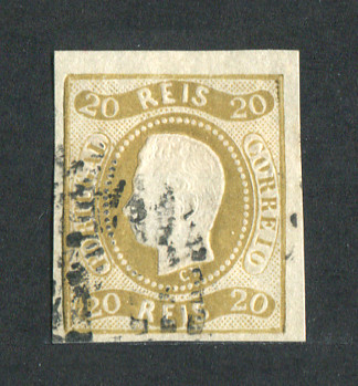 1866/7 - Afinsa nº 21. D. Luís I, fita curva. Selo de 20 reis usado. Margens aceitáveis. Em boas condições. EXEMPLAR NORMAL.