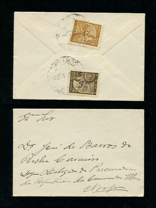 1929 - Carta da India para Nova Goa. Selos de 1r e 2r. Em boas condições.