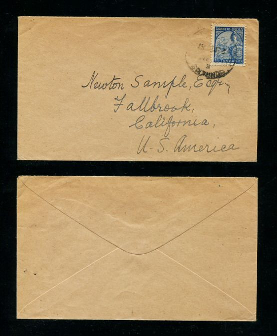1937 - Carta da India para os EUA. Selo de 2 1/2T. Em boas condições.
