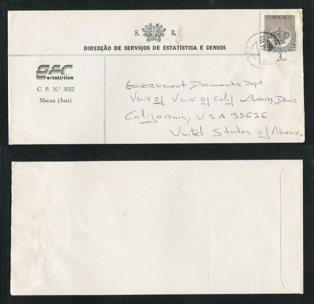 1984 - Carta de Macau para os E.U.A.. Selo de 3P. O selo apresenta um vinco.