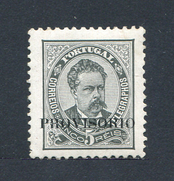 1892 - Afinsa nº 80. D. Luis I com sobrecarga PROVISÓRIO. Selo de 5 reis NOVO, COM CHARNEIRA (*) e goma original. Em boas condições.
