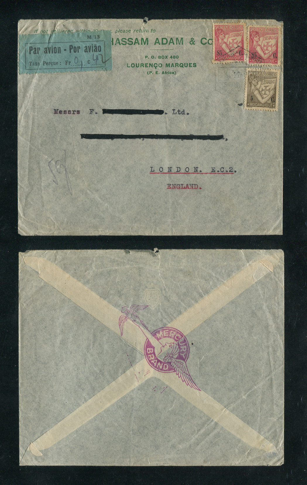 1936 - Carta de Moçambique para Inglaterra. Selos de 5c, 85c (2) e etiqueta de correio aéreo nº 5. Ligeiros vincos mas em boas condições.
