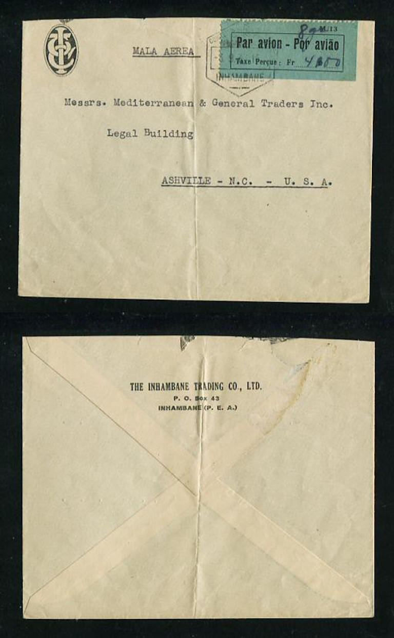 1937 - Carta de Moçambique (Inhambane) para os E.U.A.. Com ETIQUETA de correio aéreo nº 5. Em boas condições.