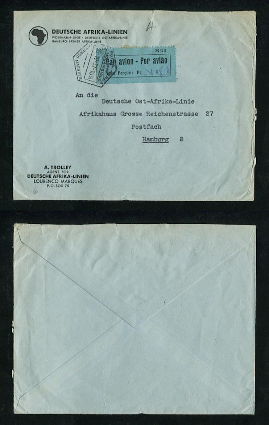 1937 - Carta de Moçambique para a Alemanha. Com ETIQUETA de correio aéreo nº 5. Em boas condições.