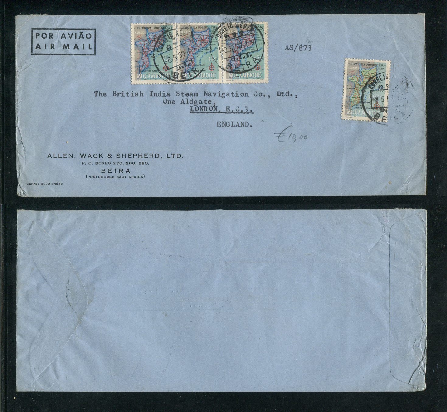1959 - Carta de Moçambique para Inglaterra. Selos de $50 (3) e 10$00. Carta de grandes dimensões. Em boas condições.