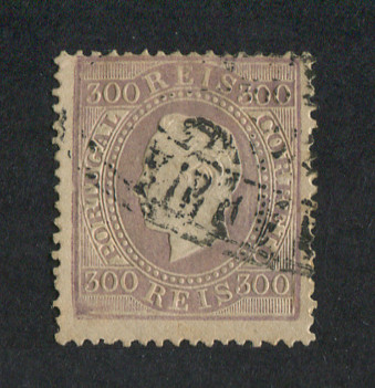 1870/6 - Afinsa nº 47a. D. Luis I, fita direita. Selo de 300 reis usado. Papel liso, denteado 13 1/2. Em boas condições.
