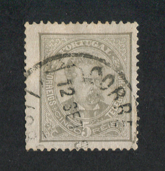 1882/83 - Afinsa nº 56B. D. Luis I, de frente. Selo de 5 reis usado. Papel porcelana, denteado 13 1/2. Em boas condições.