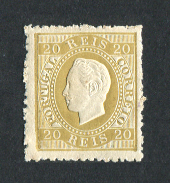 1870/6 - Afinsa nº 39. D. Luis I, fita direita. Selo de 20 reis novo COM CHARNEIRA (*) e goma original. Papel liso, denteado 12 1/2. Tem o denteado ligeiramente irregular como usual mas em boas condições.