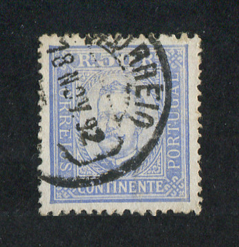 1892 - Afinsa nº 71A. D. Carlos I. Selo de 50 reis usado. Papel porcelana, denteado 12 1/2. Ligeira transparência num dente, mas em boas condições.