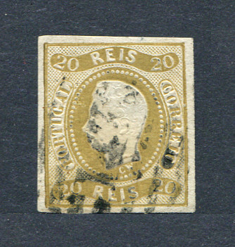 1866/7 - Afinsa nº 21. D. Luís I, fita curva. Selo de 20 reis usado. Margens aceitáveis. Em boas condições. EXEMPLAR NORMAL.