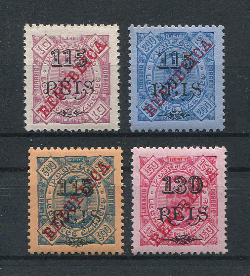 1915 - Afinsa nº 139/142. D. Carlos com sobretaxa e sobrecarga REPUBLICA. Série completa nova COM CHARNEIRA (*) e goma original. Em boas condições.