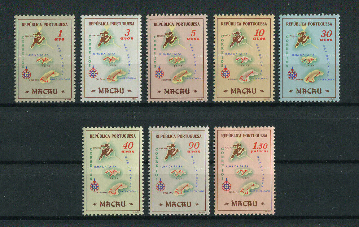1956 - Afinsa nº 386/393. Mapas de Macau. Série completa nova SEM CHARNEIRA (**) e com goma original. Em boas condições.