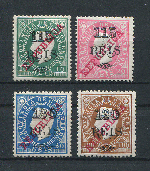 1915 - Afinsa nº 155/158. D. Luis I com sobrecarga REPUBLICA. Série completa nova COM CHARNEIRA (*) e goma original. Todos em denteado 12 1/2. Em boas condições.