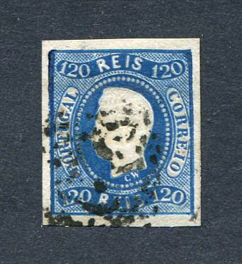 1866/7 - Afinsa nº 26. D. Luís I, fita curva. Selo de 120 reis usado. Boas margens. Em boas condições. EXEMPLAR NORMAL.