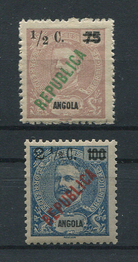 1919 - Afinsa nº 192/193. D. Carlos I com sobretaxa e sobrecarga local REPUBLICA. Série completa nova, COM CHARNEIRA (*) e goma original. Em boas condições.