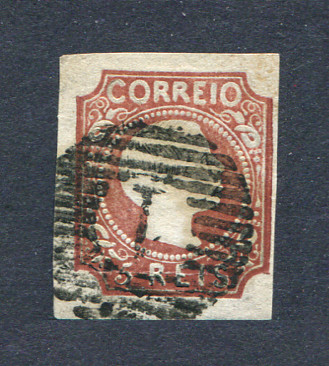 1855/56 - Afinsa nº 5. D. Pedro V, cabelos lisos.Selo de 5 reis usado. Boas margens mas apresenta o cunho ligeiramente aberto. EXEMPLAR de 2ª ESCOLHA.