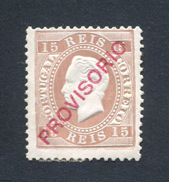 1892 - Afinsa nº 84. D. Luis I com sobrecarga PROVISÓRIO. Selo de 15 reis NOVO, COM CHARNEIRA (*) e goma original. Papel porcelana, denteado 12 1/2. Em boas condições.