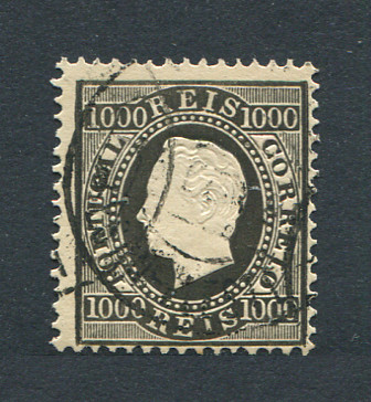 1884 - Afinsa nº 67. D. Luis I, fita direita. Nova cor e valor. Selo de 1000 reis usado. Denteado 12 1/2. Em boas condições.