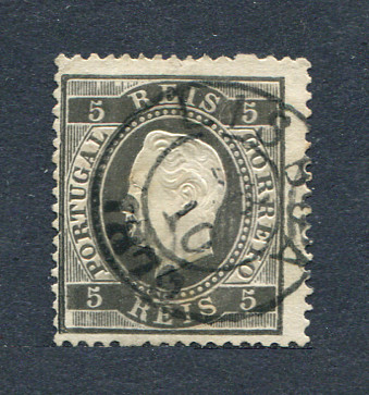 1870/6 - Afinsa nº 36N. D. Luis I, fita direita. Selo de 5 reis usado. Papel liso denteado 13 1/2. Em boas condições.