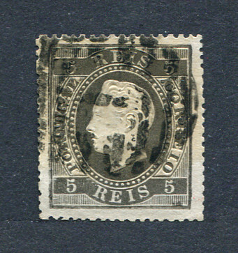 1870/6 - Afinsa nº 36U. D. Luis I, fita direita. Selo de 5 reis usado. Papel liso, denteado 14. Em boas condições.