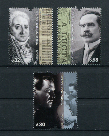 2012 - Afinsa nº 4168/4170. Vultos da História e da Cultura (7º grupo). Série nova sem charneira. Goma Original. Em boas condições.