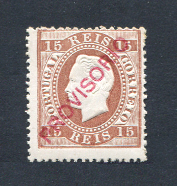 1892 - Afinsa nº 84g. D. Luis I com sobrecarga PROVISÓRIO. Selo de 15 reis NOVO, COM CHARNEIRA (*) e goma original. Papel porcelana, denteado 13 1/2. Em boas condições.