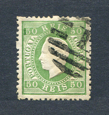 1870/6 - Afinsa nº 41. D. Luís I, fita direita. Selo de 50 reis usado. Papel liso, denteado 12 1/2. Em boas condições.