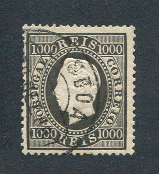 1884 - Afinsa nº 67A. D. Luis I, fita direita. Nova cor e valor. Selo de 1000 reis usado. Denteado 13 1/2. Denteado ligeiramente irregular.
