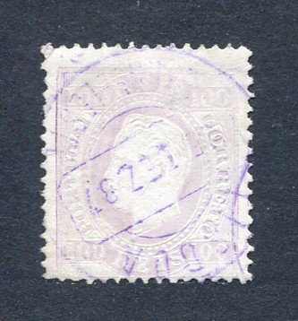1870/6 - Afinsa nº 43F. D. Luis I, fita direita. Selo de 100 reis usado. Papel porcelana, denteado 12 1/2. Em boas condições.