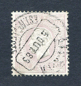 1870/6 - Afinsa nº 43F. D. Luis I, fita direita. Selo de 100 reis usado. Papel porcelana, denteado 12 1/2. Em boas condições.
