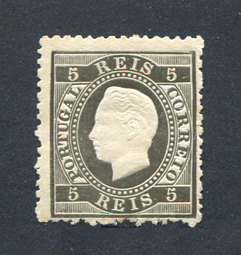 1870/6 - Afinsa nº 36. D. Luis I, fita direita. Selo de 5 reis NOVO, SEM GOMA. Papel liso, denteado 12 1/2. Apresenta um denteado um pouco irregular mas está em boas condições.